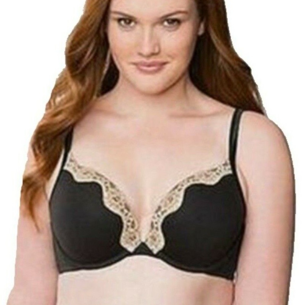 Womens Cacique Cotton Boost Plunge Bra Black Lace Detail Underwire Push Up 44C